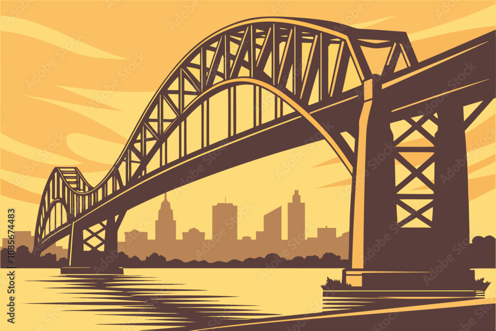 Naklejka premium Steel arch bridge over city river at sunset in St. Louis, Missouri.