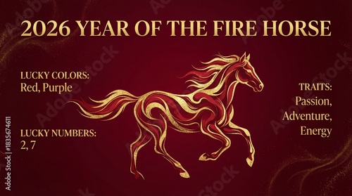 Fire horse zodiac year illustration on rich red background, horse made of golden flames gallops forward, horse energy symbolizes passion, adventure, bold luck theme for new year celebration