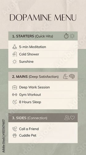 Dopamine menu poster lists healthy rituals as starters mains sides; dopamine checklist suggests meditation, cold shower, deep work, sleep, connection for dopamine balance routine concept