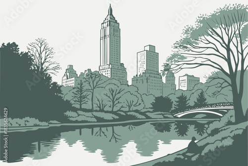 Skyline reflected on calm waters in Central Park, New York City.