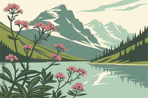 Small pink blossoms near alpine lake in Banff Alberta