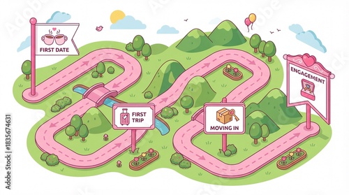 Romantic roadmap shows relationship journey milestones across winding path around hills; relationship journey tracks first date trip and engagement; playful relationship journey concept for couples