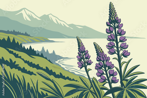 Purple blooms overlooking ocean bay in Homer Alaska