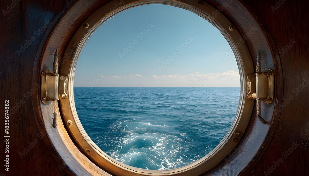Fototapeta premium A porthole window on a ships interior reveals a serene seascape, with the vast expanse of the ocean stretching out to the horizon. The sky is a clear blue.