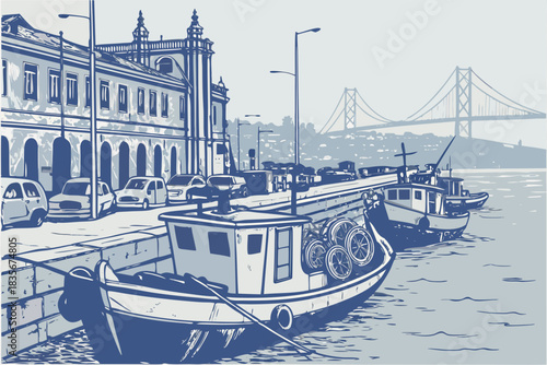 Old fishing boats docked along bay in Lisbon Portugal