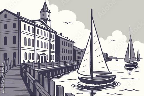 Old harbor with sailboats in Portland Maine