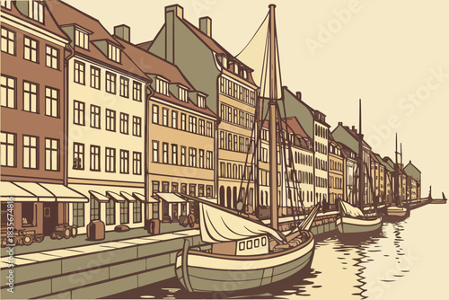 Old harbor with boats in Copenhagen Denmark