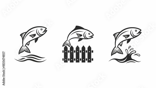 Collection of Stylized Leaping Fish Graphics for Design Projects