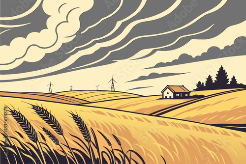 Open farmland under dramatic sky in Manitoba, Canada.