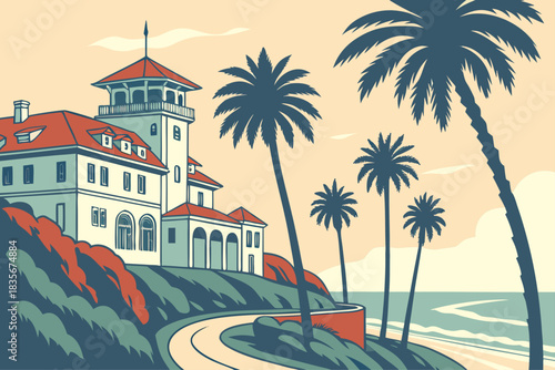 Palm-lined street leading to beach resort in Palm Beach, Florida.