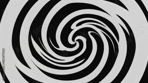 black spiral slowly expands outward, then retracts along the same trajectory back to the initial shape. Perfect symmetrical motion cycle, identical first and last frame. 