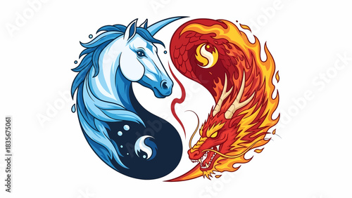 Illustration of a fire dragon and an ice horse as a Yin Yang symbol