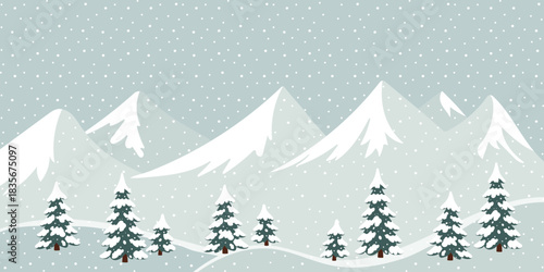 Vektorgrafik mit einer Winterlandschaft mit schneebedeckten Tannenbäumen und Bergen.