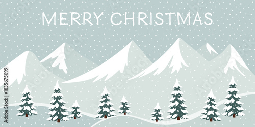 Merry Christmas - Schriftzug in englischer Sprache - Frohe Weihnachten. Grußkarte mit einer Winterlandschaft mit schneebedeckten Tannenbäumen und Bergen.