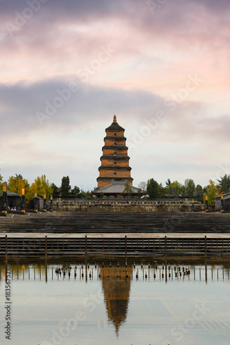 The Giant Wild Goose Pagoda at Xi'an at sunset. The Giant Wild Goose Pagoda or Big Wild Goose Pagoda is a monumental Buddhist pagoda located in southern Xi'an, Shaanxi, China.