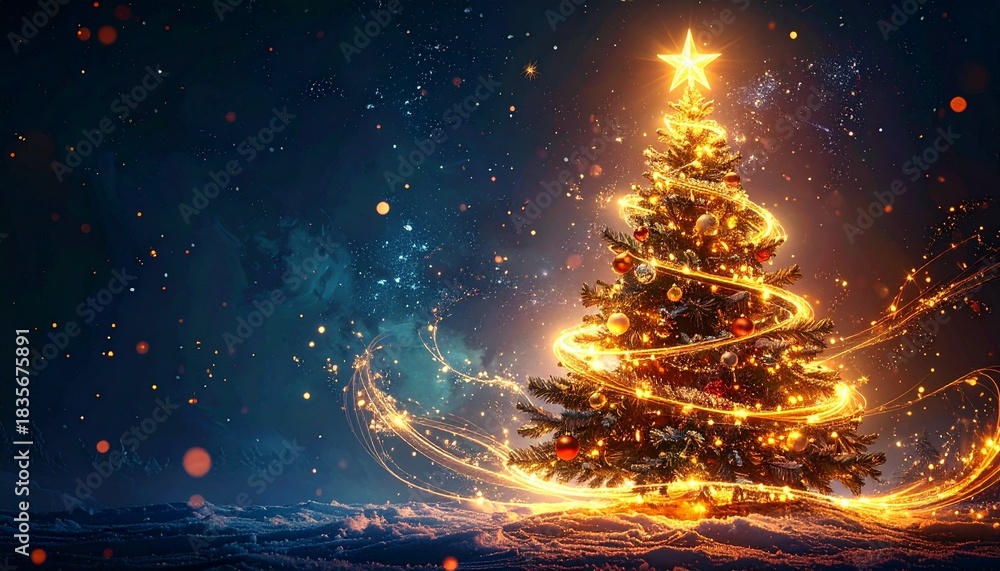Naklejka premium Lit Christmas Tree Illuminated Against Dark Background with Glittering Particles