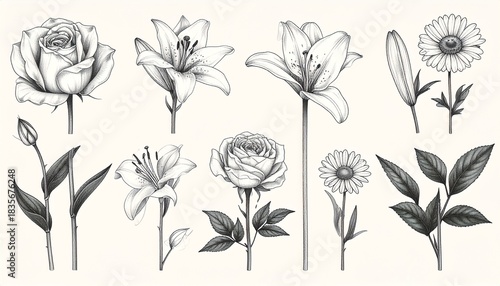 Monochrome Floral Illustration with Detailed Rose Lily and Other Flowers on Cream Background