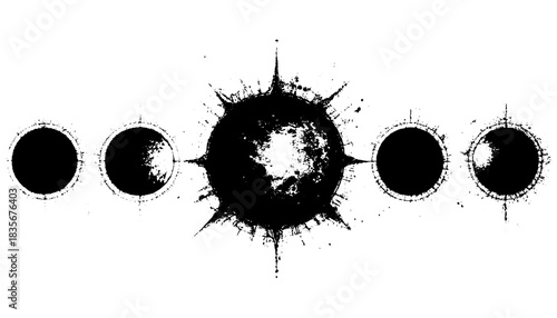 Occult Sun Symbols Set, Retro Xerography Halftone Engraving Abstract Solar Icons on Transparent Background