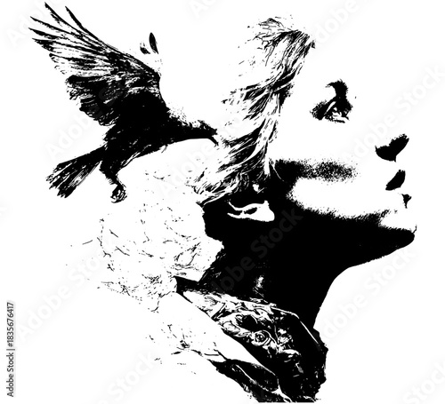 Double Exposure Woman and Bird, Retro Xerography Halftone Engraving Portrait on Transparent Background