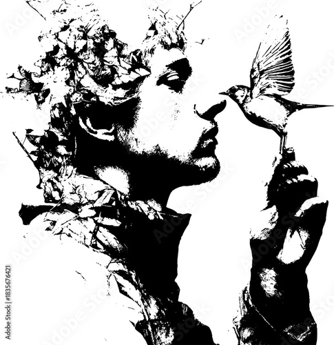 Double Exposure Man with Bird, Retro Xerography Halftone Engraving Portrait on Transparent Background