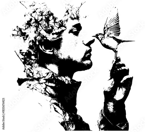 Double Exposure Man with Bird, Retro Xerography Halftone Engraving Portrait on Transparent Background