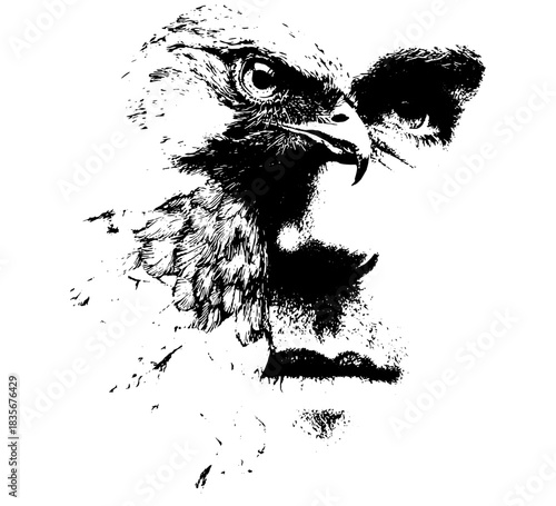 Double Exposure Eagle and Human Face, Retro Xerography Halftone Engraving Portrait on Transparent Background