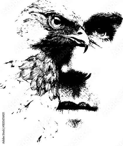 Double Exposure Eagle and Human Face, Retro Xerography Halftone Engraving Portrait on Transparent Background