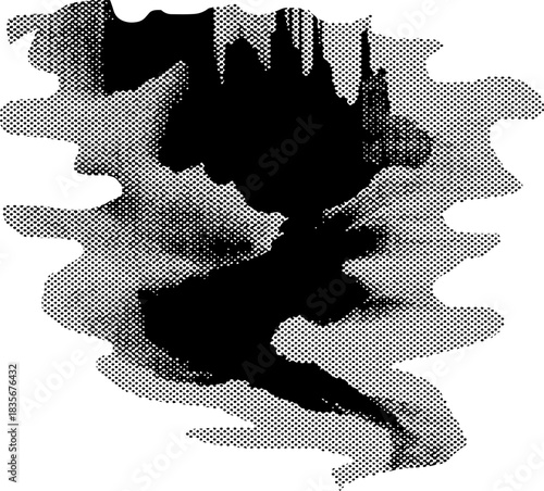 Abstract Halftone Liquid Shape, Retro Xerography Grain Texture Blob on Transparent Background