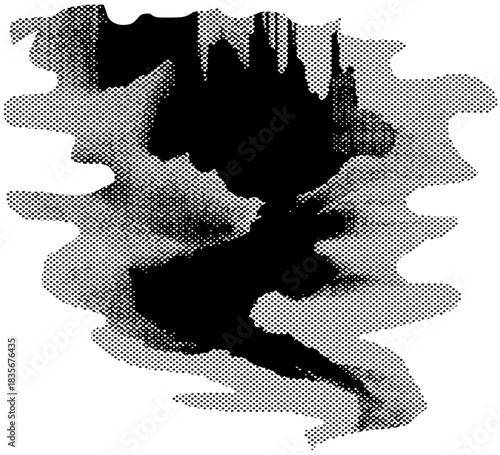 Abstract Halftone Liquid Shape, Retro Xerography Grain Texture Blob on Transparent Background