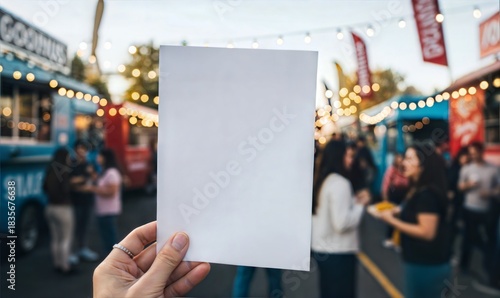 Hand holding blank white paper flyer mockup at outdoor food truck festival