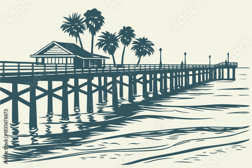 Wooden pier extending into calm waters of Clearwater Beach, Florida.