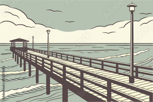 Wooden pier stretching over the Gulf in Galveston, Texas.