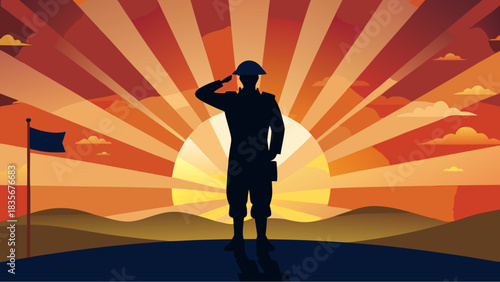 Silhouette of a soldier saluting against a dramatic sunset with rays and hills in the background