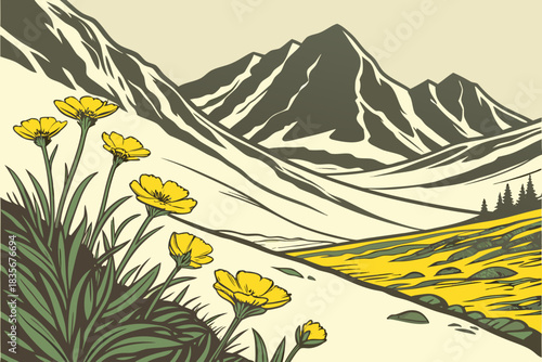 Yellow wildflowers surrounding glacial moraine in Alaska Range