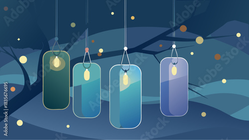 Glowing military dog tags hanging in a peaceful night forest with abstract lights and tree branches
