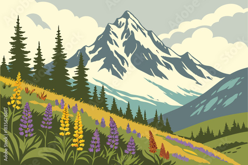 Wildflowers blooming beneath snow-capped Mount Denali in Alaska