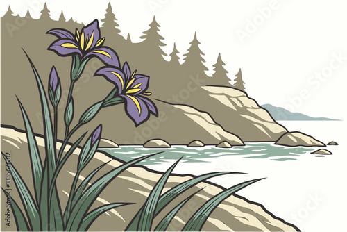Wild iris in bloom near Glacier Bay shoreline Alaska