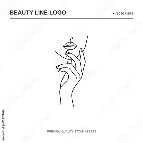 Sensual vector illustration of a woman lower face with a hand touching the chin and lips. Drawn in one line style. Perfect for lipstick brands, lip filler clinics, dermatology logos, or beauty spa