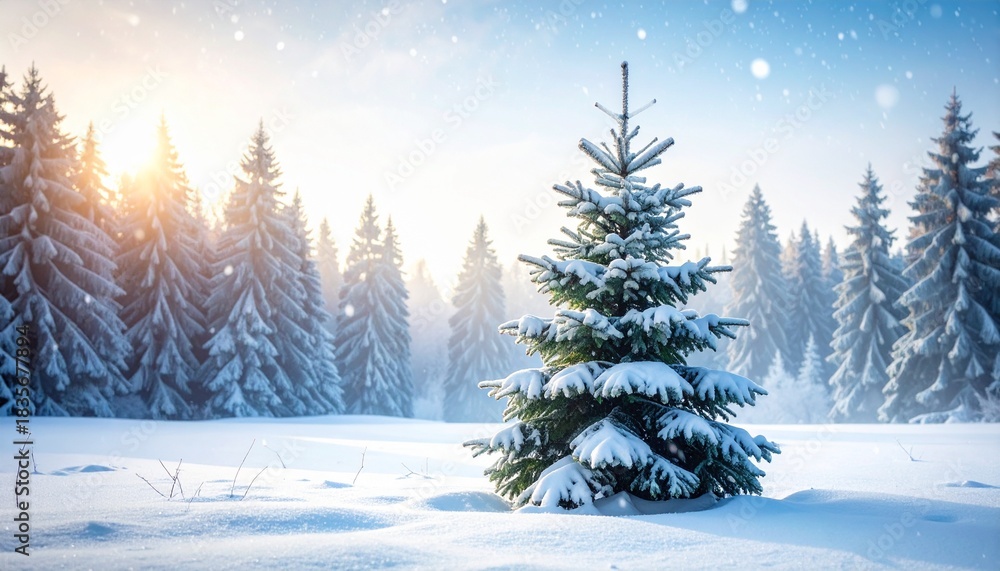 Naklejka premium Snow Covered Pine Tree in a Winter Wonderland with Snowy Landscape and Bright Sunlight