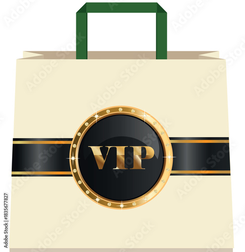 Luxury VIP shopping bag with round glossy diamond badge and black gold ribbon design