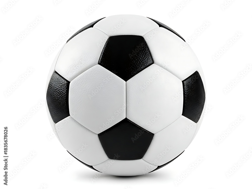 Fototapeta premium Clean studio shot of a synthetic leather soccer ball, ready for play, with subtle shadows on a white surface.