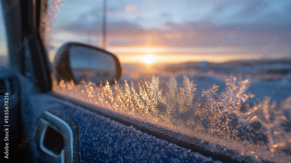 Obraz premium Car handle encased in smooth transparent ice, subtle reflections of the bright winter sunrise stretching across the door panel, no snow present, pure frosty minimalism