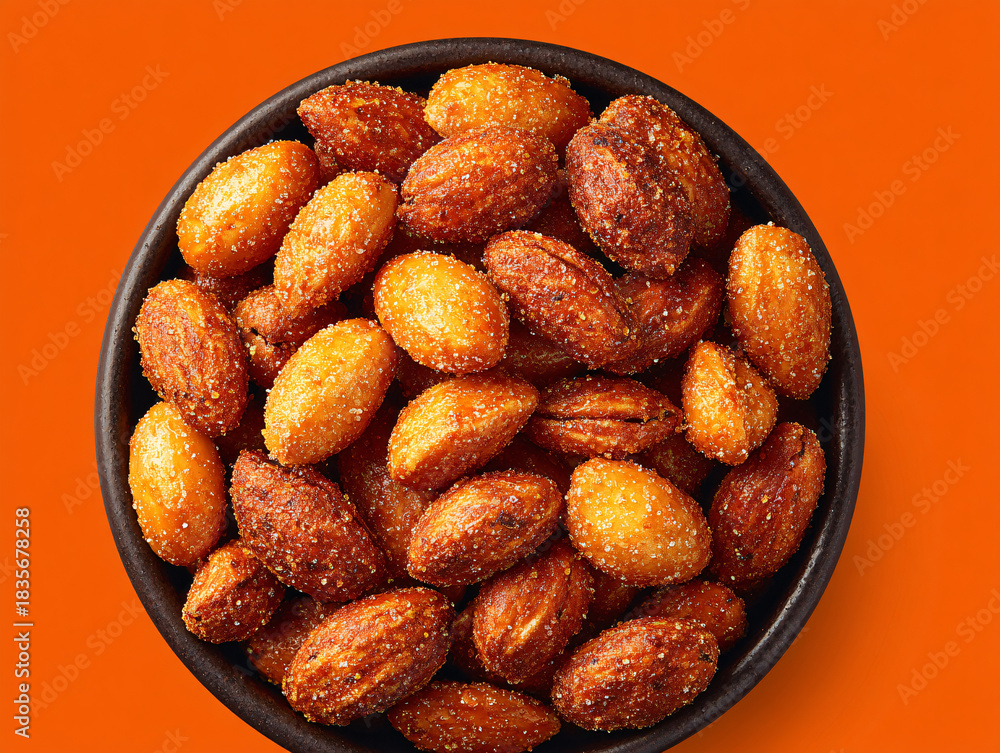 Fototapeta premium a bowl filled with roasted almonds. The almonds are coated with a sugary glaze and are placed on an orange background.