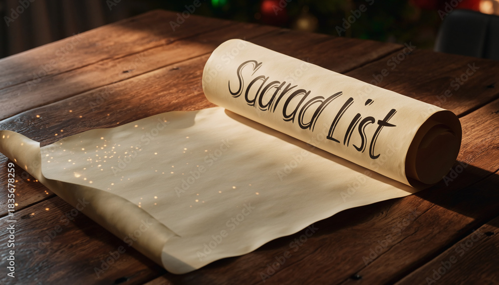 Fototapeta premium A partially unrolled parchment scroll with 'Saarad List' written on it, sparkling with glitter on a rustic wooden table, bathed in warm light.