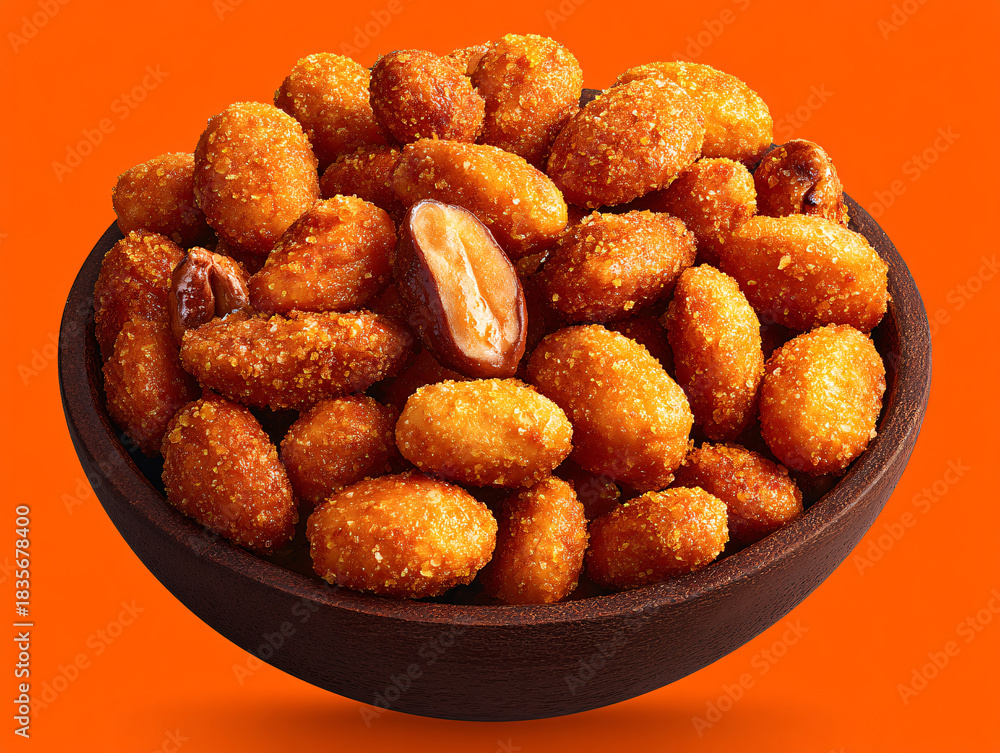 Fototapeta premium a bowl filled with roasted almonds. The almonds are coated with a sugary glaze and are placed on an orange background.