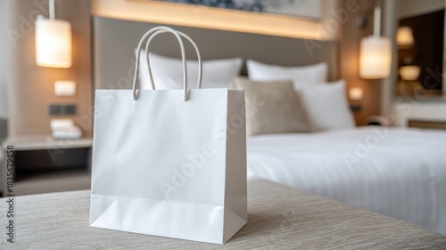 an elegant plain white gift bag sitting on the bed of a hotel room in a luxurious modern hotel