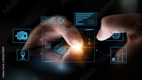 Technical layout of electric vehicle showing battery system, power control, traction motor, charging interface, and integration with renewable and smart energy sources Latch