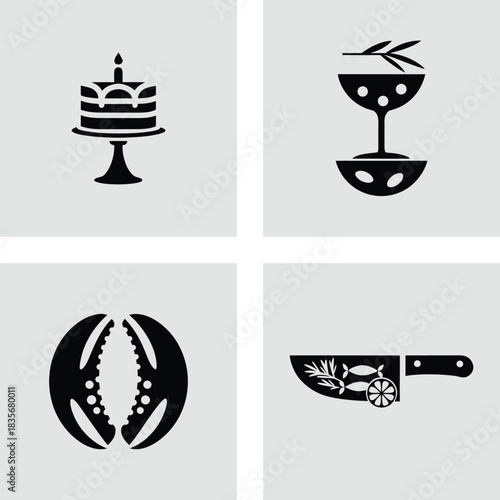 Set of food and drink icons including cake cocktail crab claw and knife simple flat vector design element isolated on white background