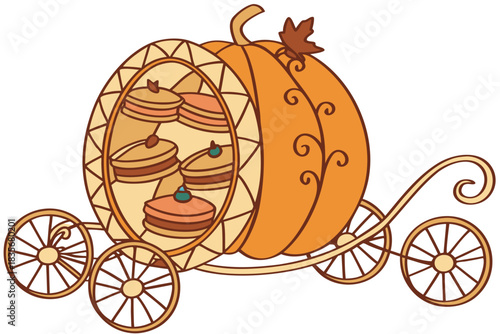 A giant pumpkin carriage carrying pies instead of people.