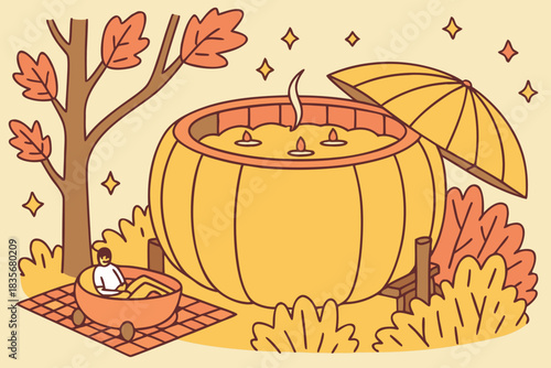 A giant pumpkin used as a hot tub during autumn.